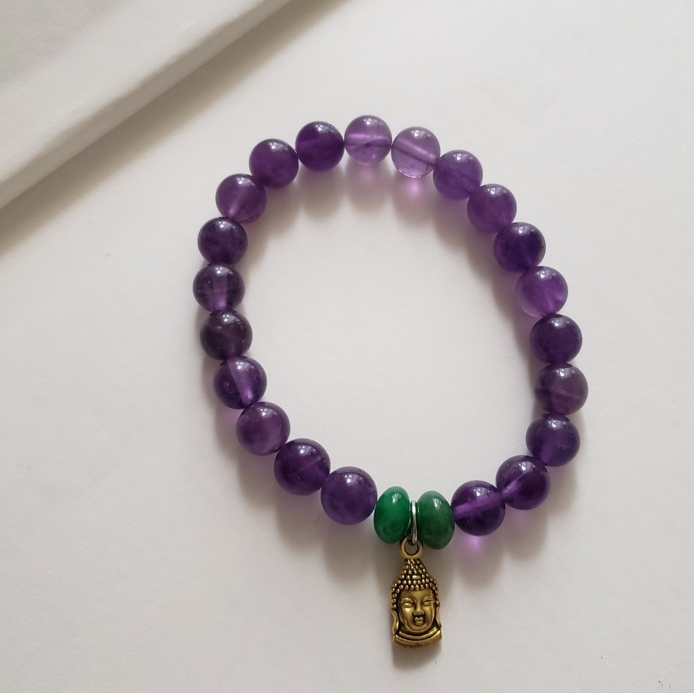 Amethyst and Green Beaded Bracelet with Buddha Charm